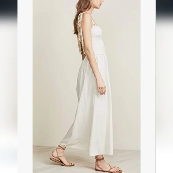 Free People Santorini Midi Dress Pleats Linen Contrast Tie Straps Siz 4 Ecru NWT - Picture 5 of 16